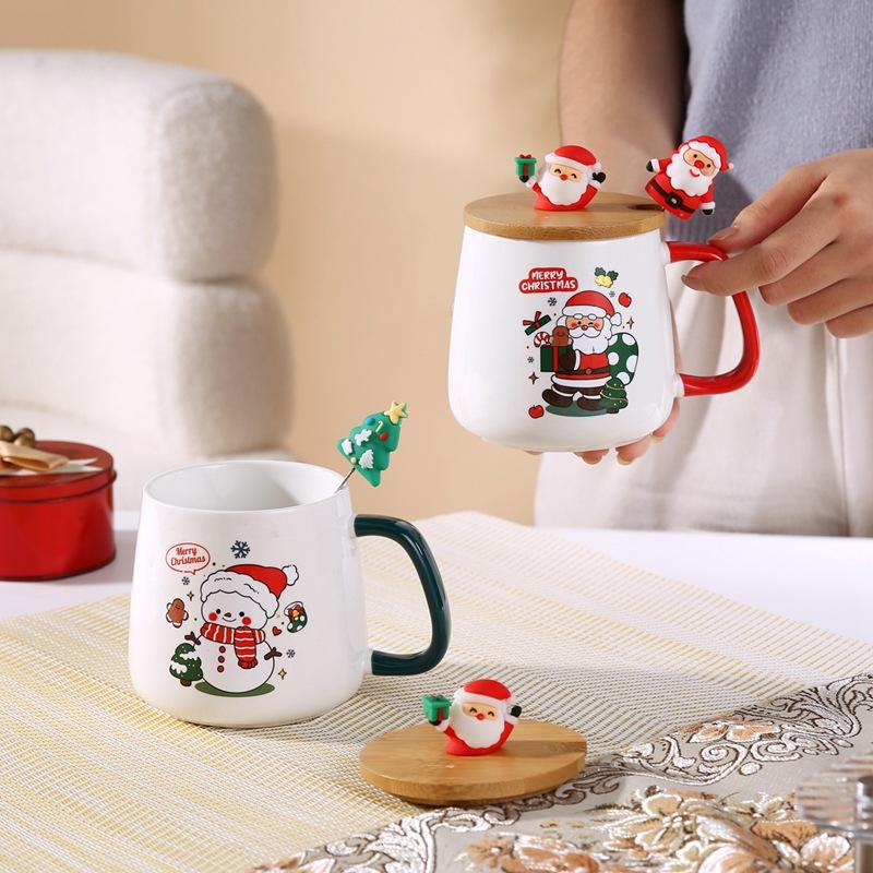 Christmas Ceramic Mug Gift Set,With Bamboo Lid and Cartoon Spoon,Holiday Drinking Cup Kit for Gift