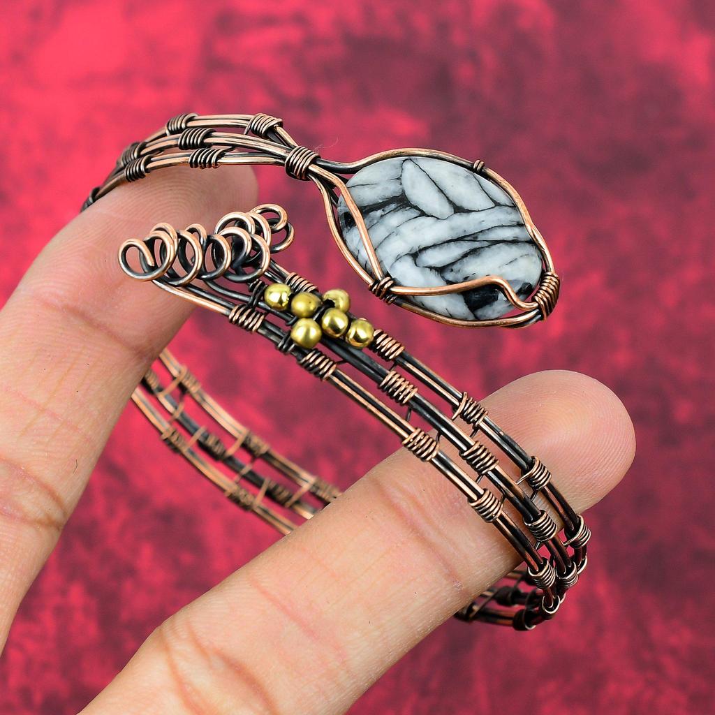 Pinolith Jasper Bangle Copper Wire Wrapped Cuff Bracelet Adjustable Bangle Beautiful Copper Jewelry Gift For Women Handmade Gemstone Jewelry