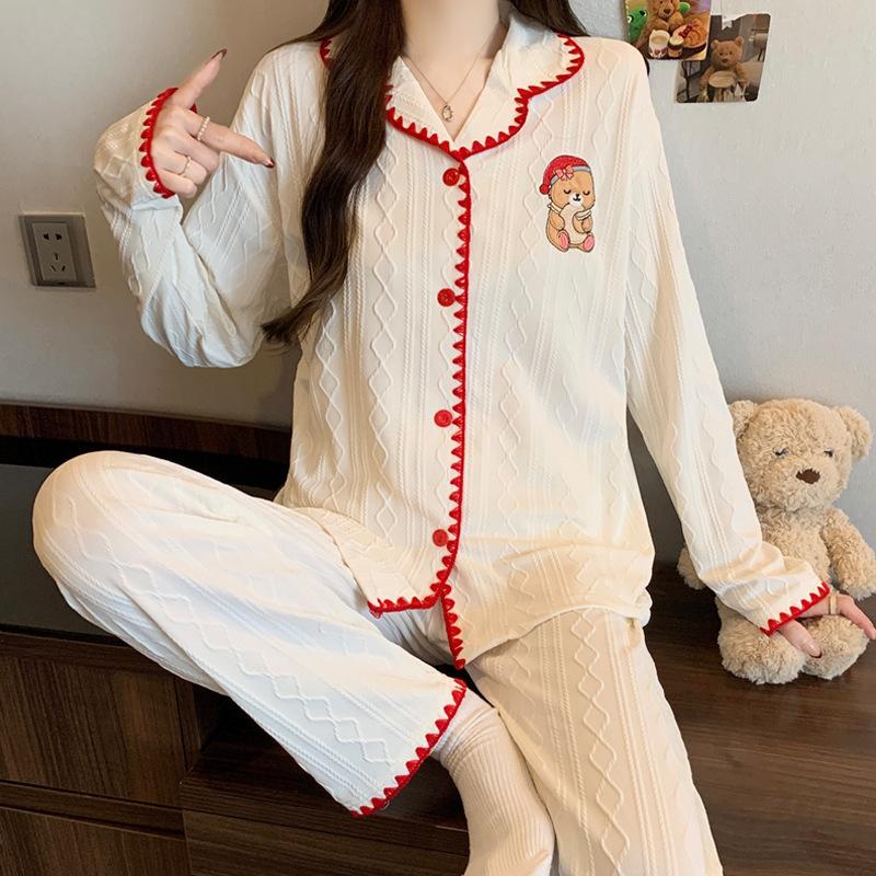 Niche afslappet pyjamas til kvinder, forår, langærmet, ensfarvet, imiteret bomuld, jacquard, løstsiddende loungewear, skalkant, todelt sæt