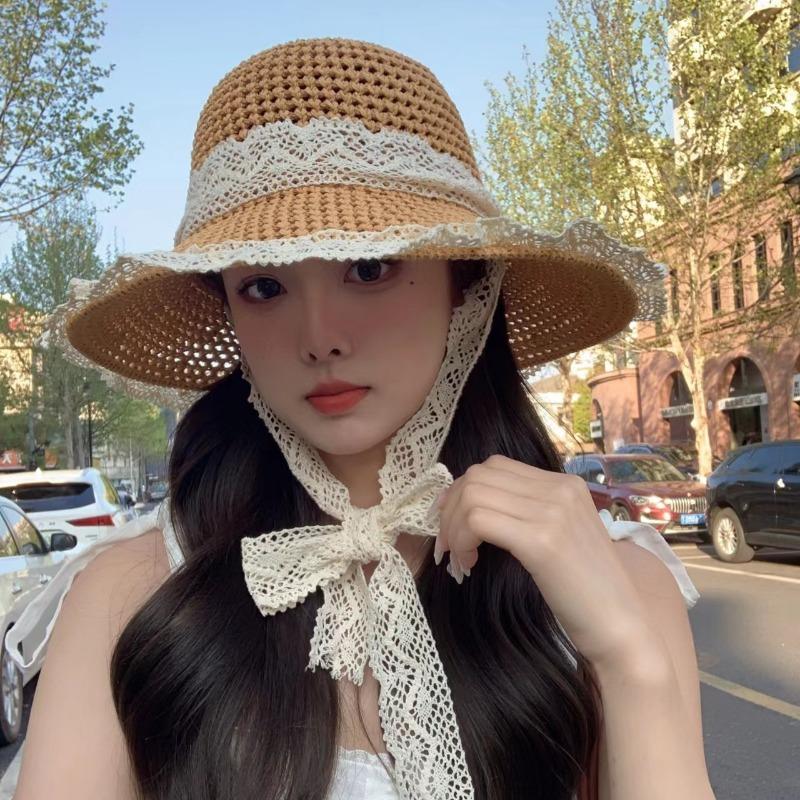 Lace bow big brim straw hat women's summer breathable sunshade sunscreen beach hat sweet bucket hat