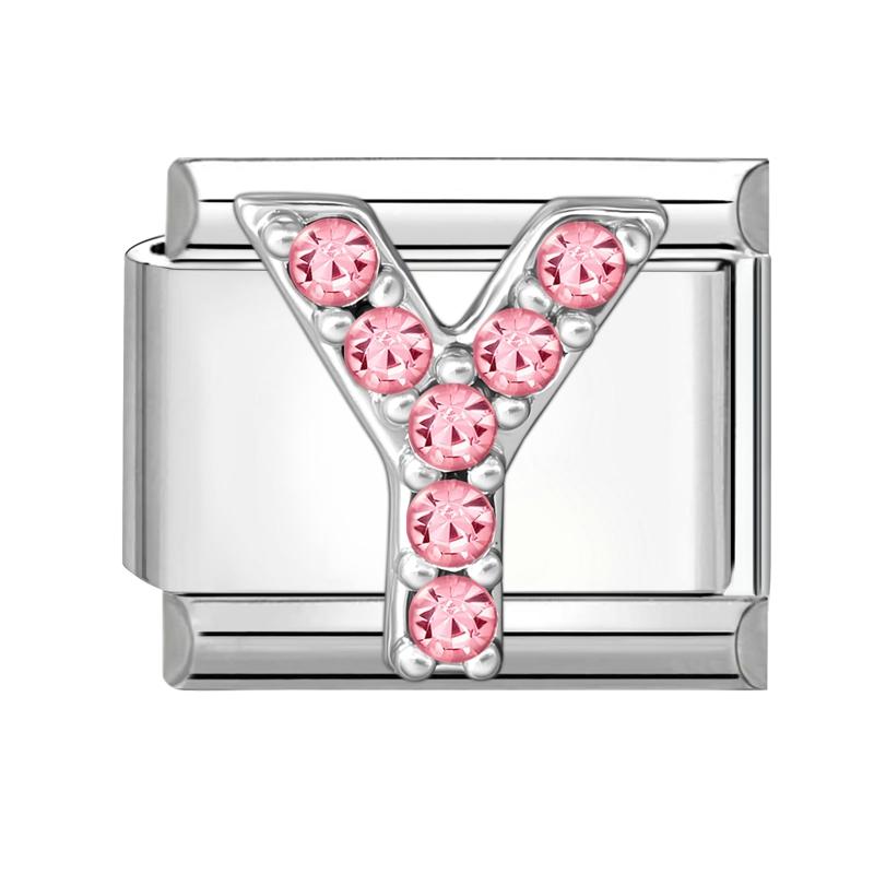 1pz Micro Intarsiato Zirconia Rosa Full Zircone 26 Lettere Inglesi Fascino Italiano Adatto Bracciale in Acciaio Inossidabile da 9mm Gioielli Fai da Te