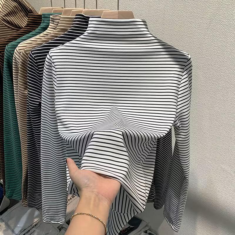 Color-woven Double-sided German Velvet Semi-turtleneck Bottoming Shirt for Women's Inner Wear, New Striped Long-sleeved Top Bottoming Shirt for