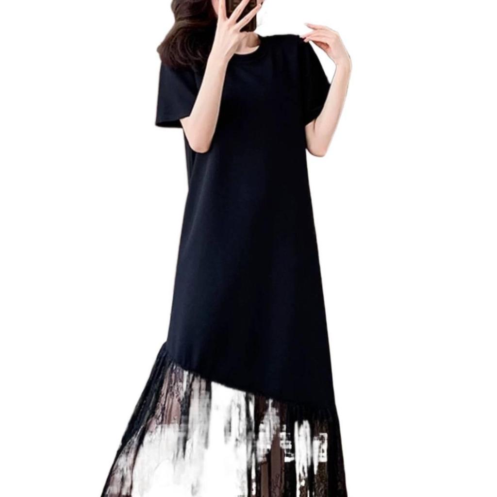 Plus Size French Lace Patchwork Dress - Elegant Summer Short Sleeve Skirt