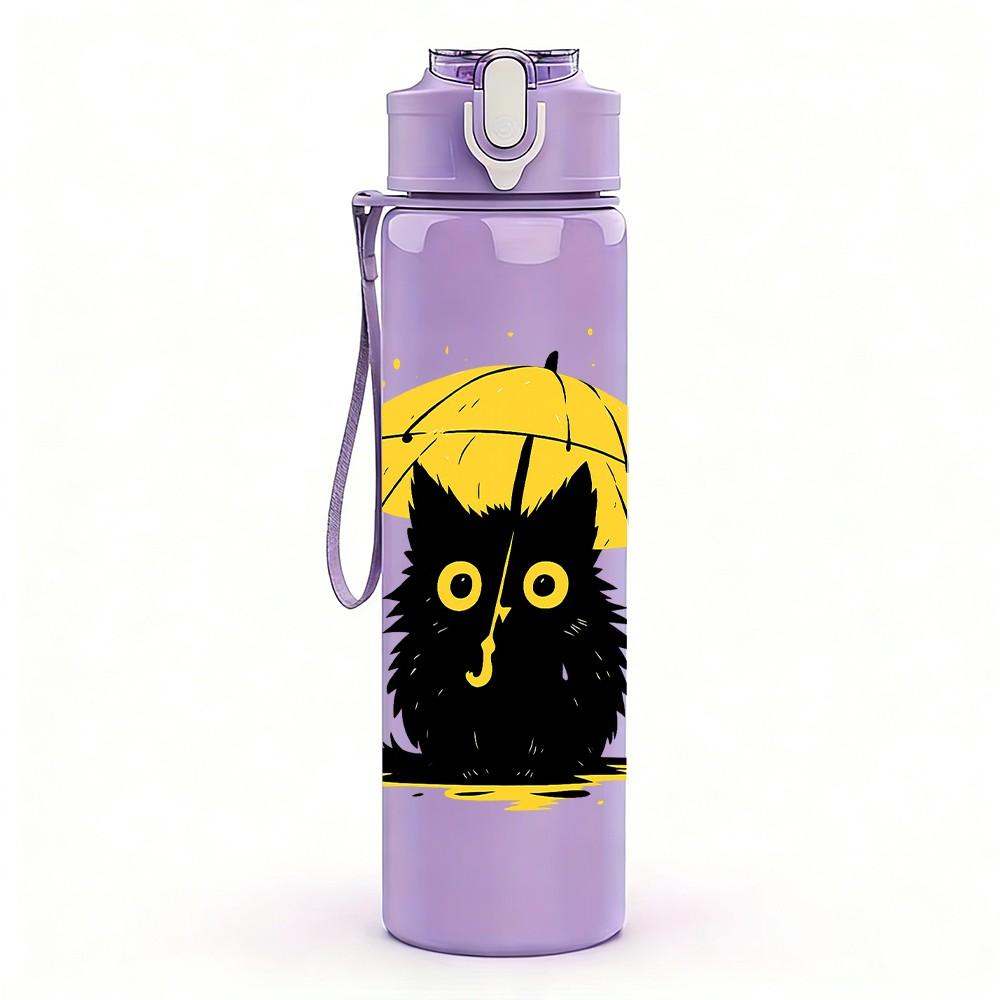 1PC Black Cat Holding Umbrella Print 750ml Color Plastic Sports Water Bottle Leakproof Flip Straw Lid Suitable for Sports Office Home Use