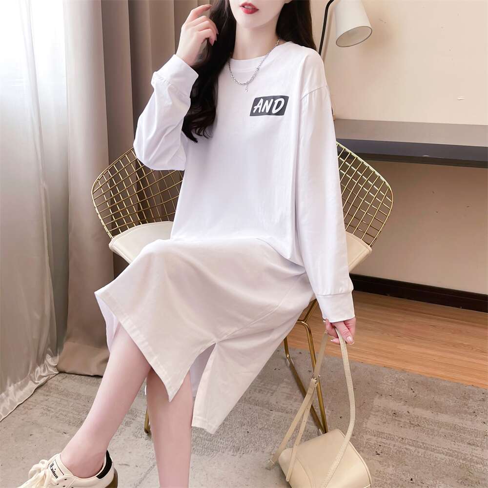 knee-length cotton T-shirt skirt children's casual lazy style long-sleeved dress spring and autumn loose large-size home skirt
