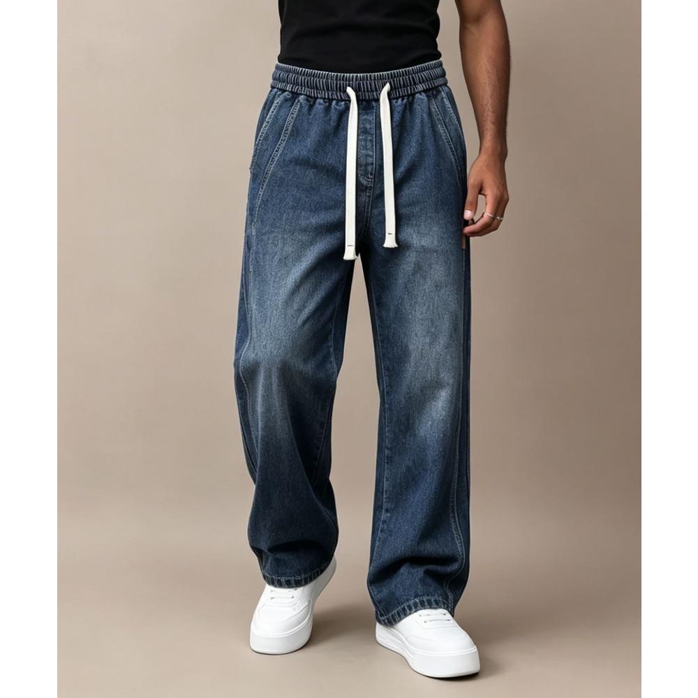 Herren Jeans mit geradem Bein, elastischem Bund mit Kordelzug, lockerer Passform und Used-Look