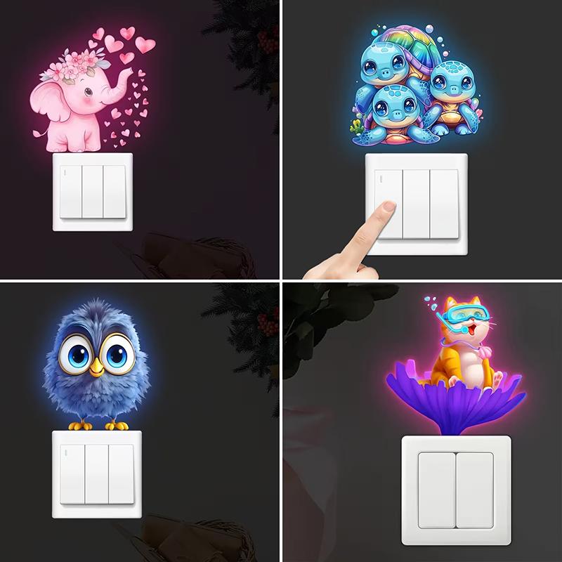Glow-In-The-Dark Switch Stickers Penguins Elephants Design Self-Adhesive Removable Wall Stickers Suitable For Switches & Outlets