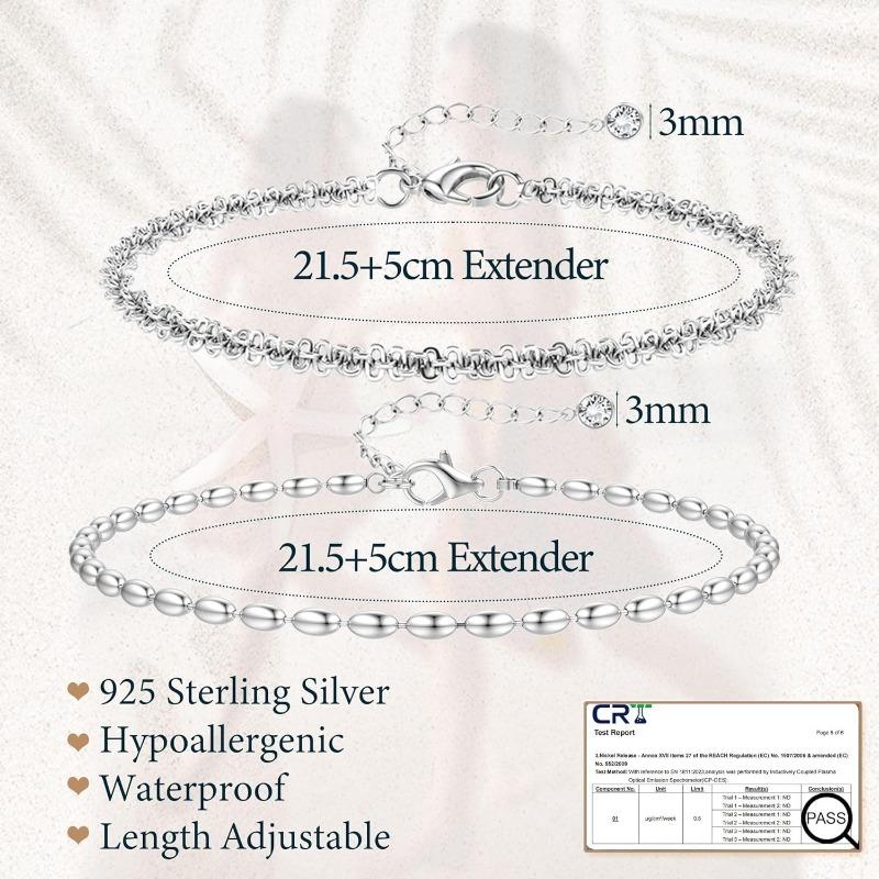 Braccialetti Cavigliera in Argento Sterling 925 per Donna Impermeabili Sottili Stratificati Catene Caviglia Cavo Intrecciato Perline Set di Cavigliere da Spiaggia