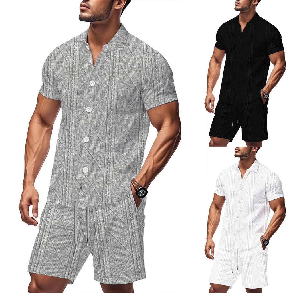 Men's Summer Solid Color Breathable Loose Button Short Sleeve Shirt Shorts Set
