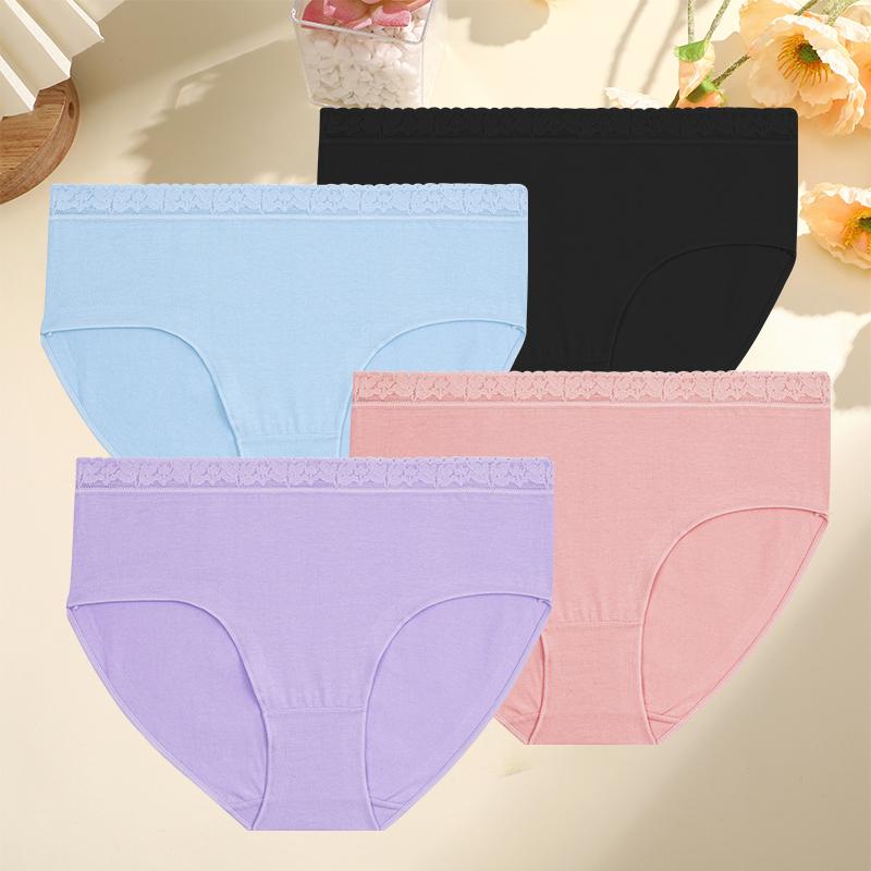 4PCS/Set Women Cotton Panties Sexy Low Waist Briefs Lace Cotton Female Comfortable Underwear Solid Color Soft Lingerie