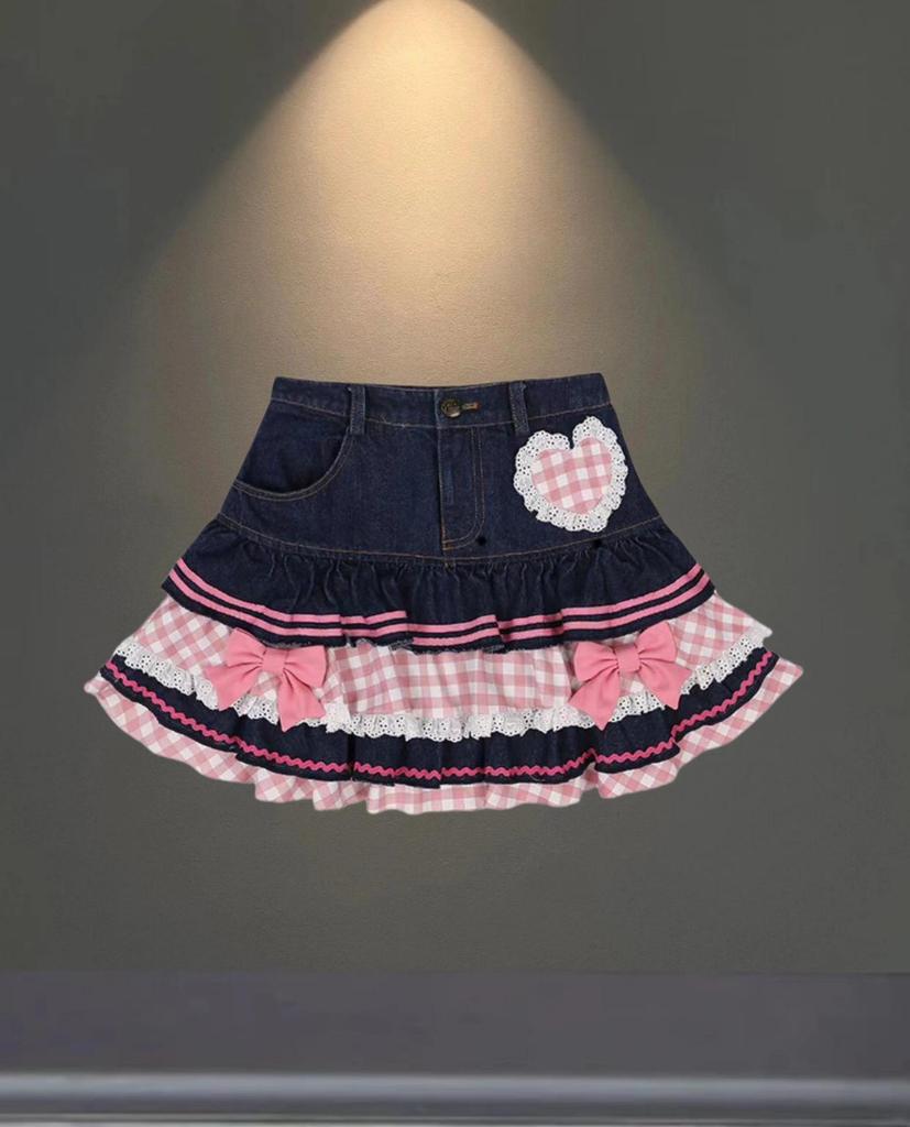European & American Pleated Pink Denim Skirt for Women - Petite, Lightly Mature, Summer Style