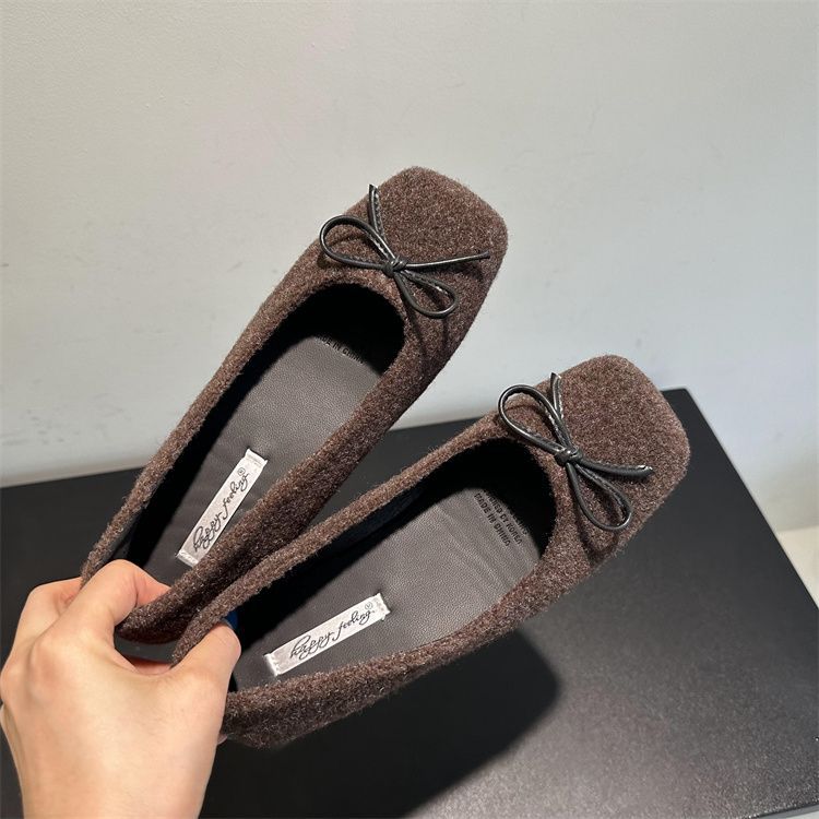 Gentle Cream Tie Bow Flat Shoes Lazy One Pedal Shallow Mouth Square Head Flat Heel Single Shoes Fluffy Shoes Suede Shoes