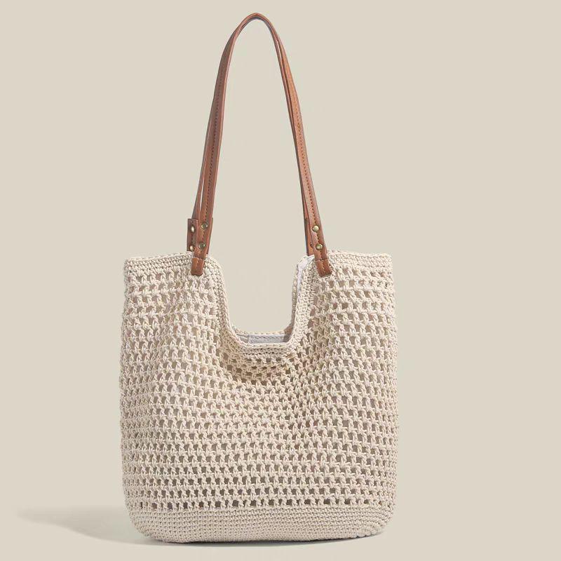 

Large Capacity Bag Women 2025 New All-Match One-Shoulder Seaside Vacation Beach Bag Hand-Woven Commuter Tote Bag Beige large [zipper]]