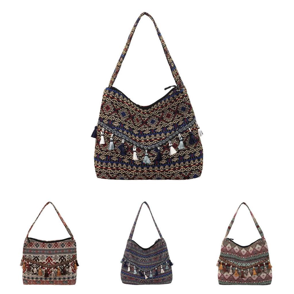 Ethnic Inspired Shoulder Bag Made From Special Material With Zipper Closure