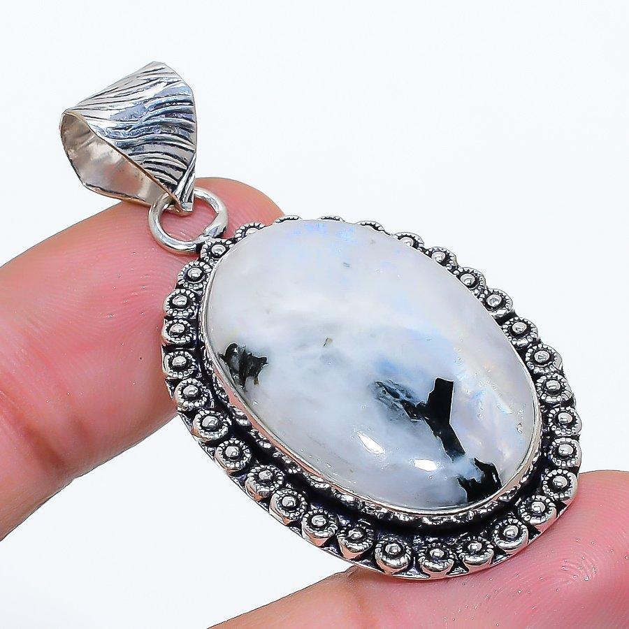 Rainbow Moonstone Gemstone 925 Sterling Silver Jewelry Pendant 1.97" SU-10685