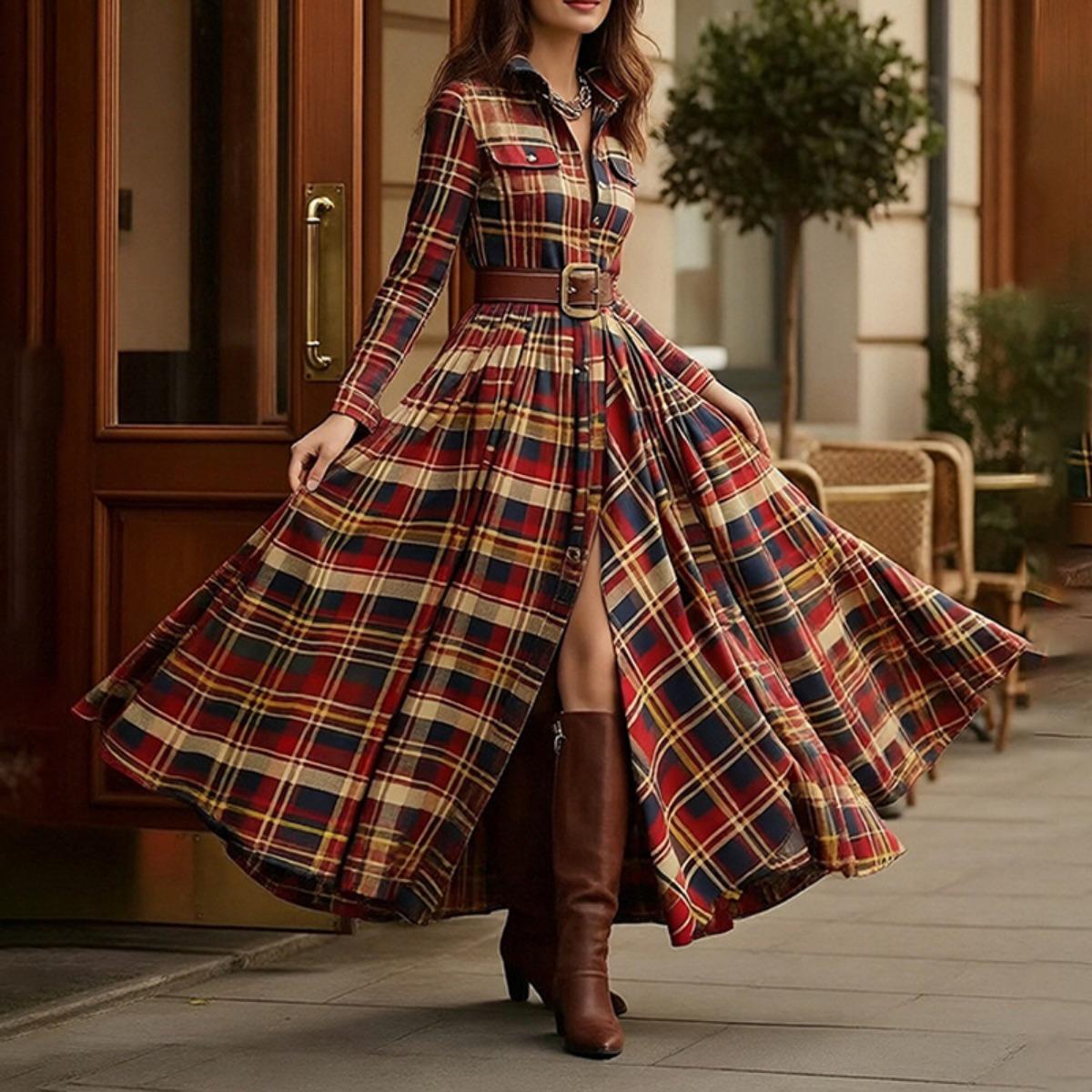 

Spring New Women s Dress, Fashion Casual Elegant Office Commute Print Lapel Slim Fitted Dress S червоний