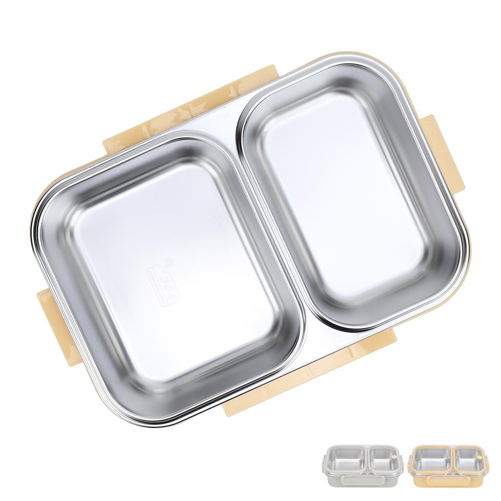 Stainless Steel Lunch Box Container Sealed Odorproof 2 Compartment Portable Square 1.2L