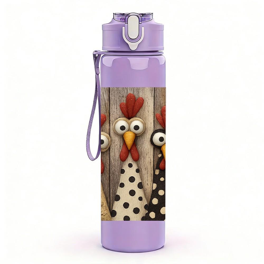 1PC Two Rooster Head Cartoon Print 750ml Color Plastic Sports Water Bottle Leakproof Flip Straw Lid For Sports Office Home Use