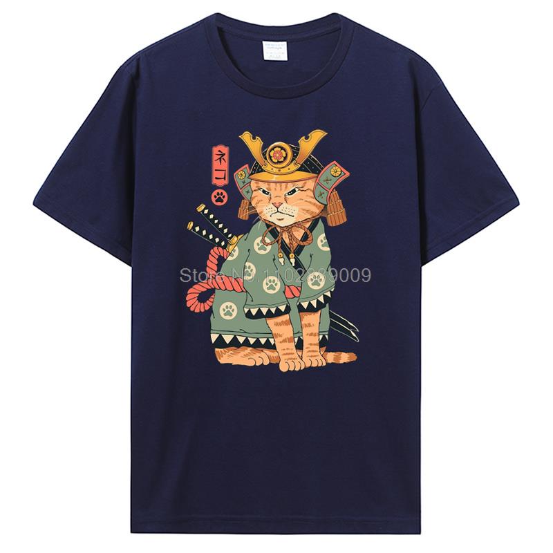 Summer New Men Japanese Samurai Cat Graphic T Shirt Fashion Casual Personality Cool T-shirt Print Cotton Tees Tops
