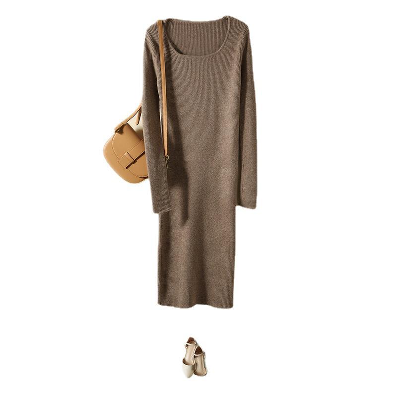 Autumn/Winter 2021 Long-Sleeve Square Collar Knit Wool Dress for Women - Knee-Length