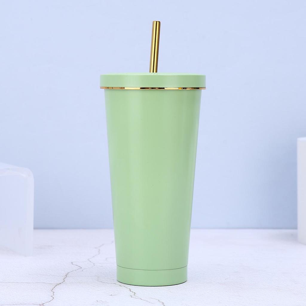 In Stock 304 Stainless Steel Straw Cup with Gold Rim - Portable Outdoor Thermos for Car Use