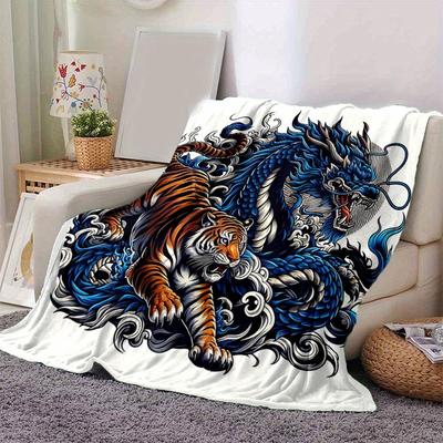 1pc Blue Dragon Vs Tiger Blanket Soft Throw for Room Decor, Perfect Gift, Living Room, Travel, Camping, Car Blankets