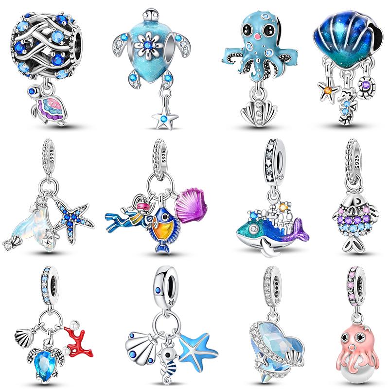 Ocean Series Copper Luminous Shell Pearl Fishtail Tortoise Charms Beads Fit 3Mm Original Bracelets Fine Diy Jewelry