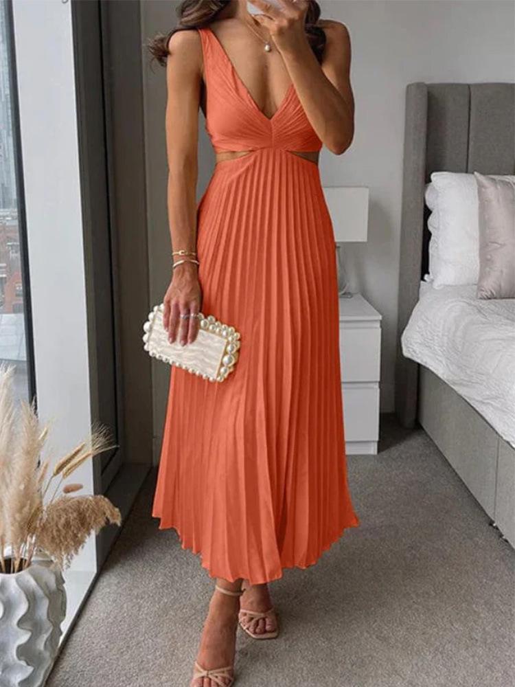 2024 Summer Elegant V-Neck Sleeveless Backless Pleated Dress for Women