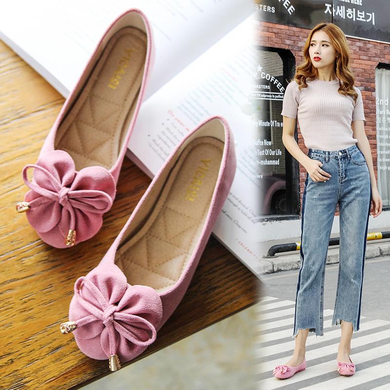Fashion Classic Bowknot Shoes Women Flower Appliques Moccasines Femmes Faux Suede Ballets Flats Woman Slip On Single Shoes Daily Loafers