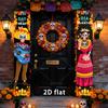 2D Flat, 2pcs AYK100 Spanish Day of the Dead Banner Suitable for Porch, Yard & Home - Ornate Sugar Skull Couple Hanging Decorations with Spanish Text,