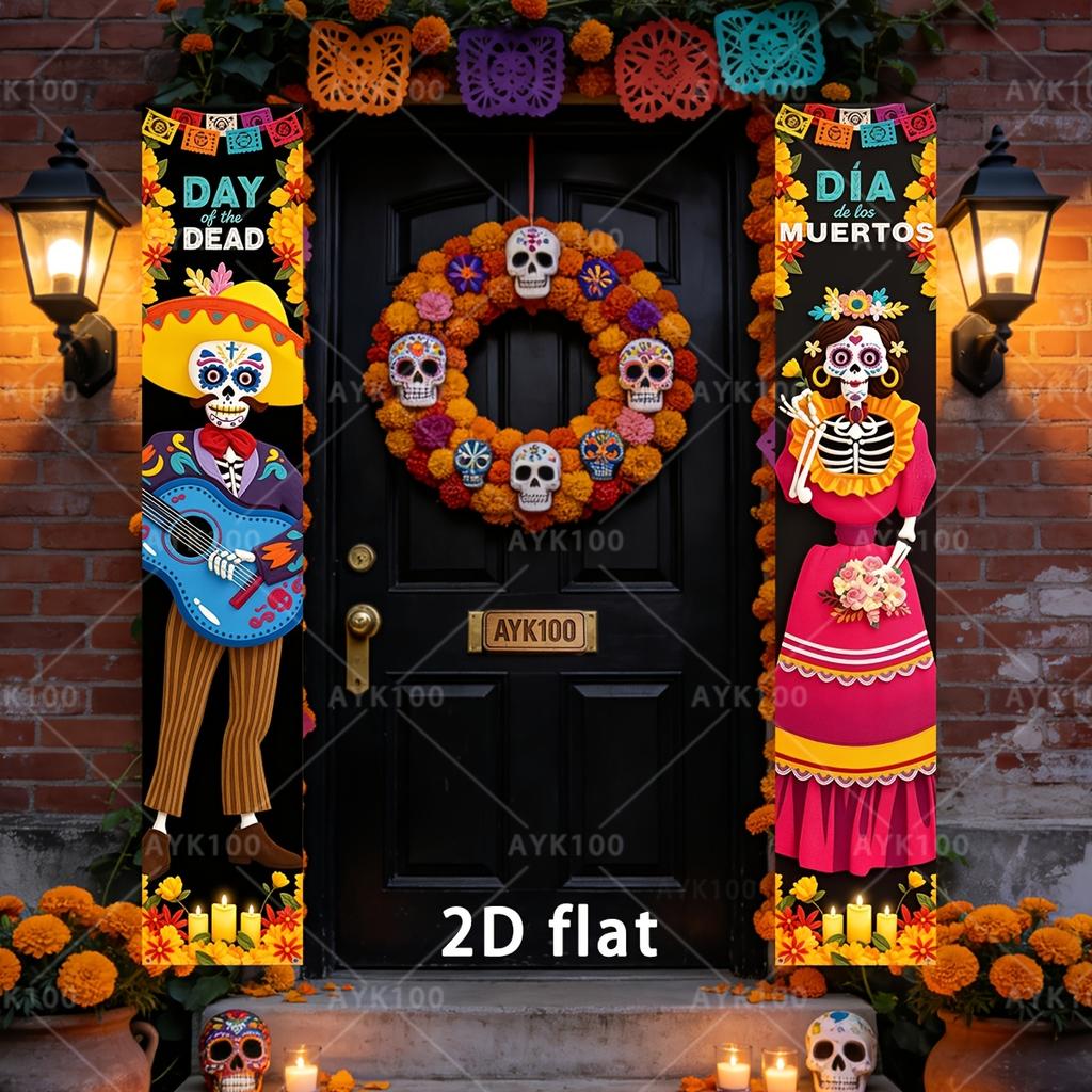 2D Flat, 2pcs AYK100 Spanish Day of the Dead Banner Suitable for Porch, Yard & Home - Ornate Sugar Skull Couple Hanging Decorations with Spanish Text,