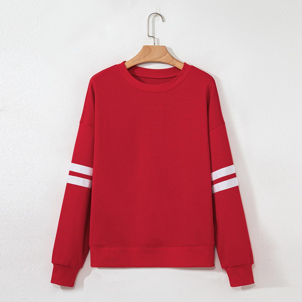 Women's Fashionable Round Neck Long Sleeved Sports Casual Color Blocked Pullover Sweater Sweatshirt Top