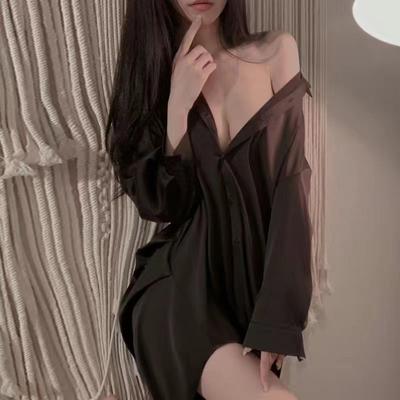 Sleeping Dress Girl Spring and Autumn Ice and Snow Silk White Long Sleeved Loose Shirt Silk Sleepwear Girl