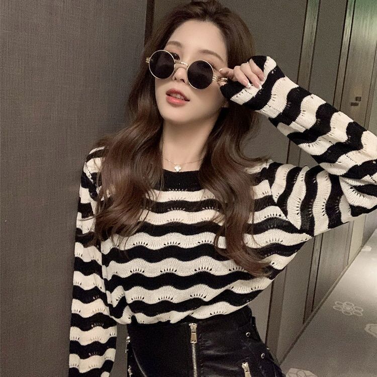 Women's Spring Korean-style Short Striped Sun Protection Knit Top Cover-up Blouse