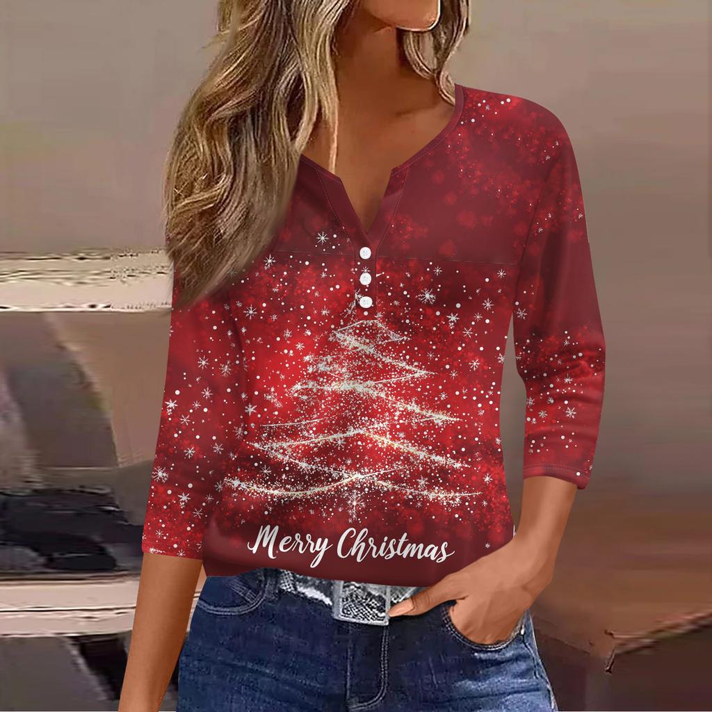 Women's Fashion Casual Christmas Tree Print V-Neck Decorative Button Three-Quarter Sleeve T-Shirt Top