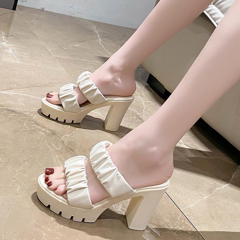 2024 Summer New Open Toe High Heels Fashion Pleated Elegant Office Thick Heel Women's Shoes All-match Leather Slip On Slippers