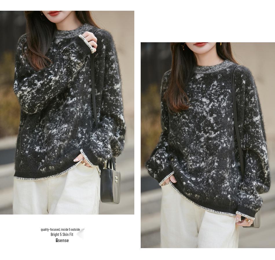 Women's Round Neck Ink Painting Color Block Sweater - 95% Wool, 5% Cashmere, Autumn/Winter Plush Knit Base Layer.