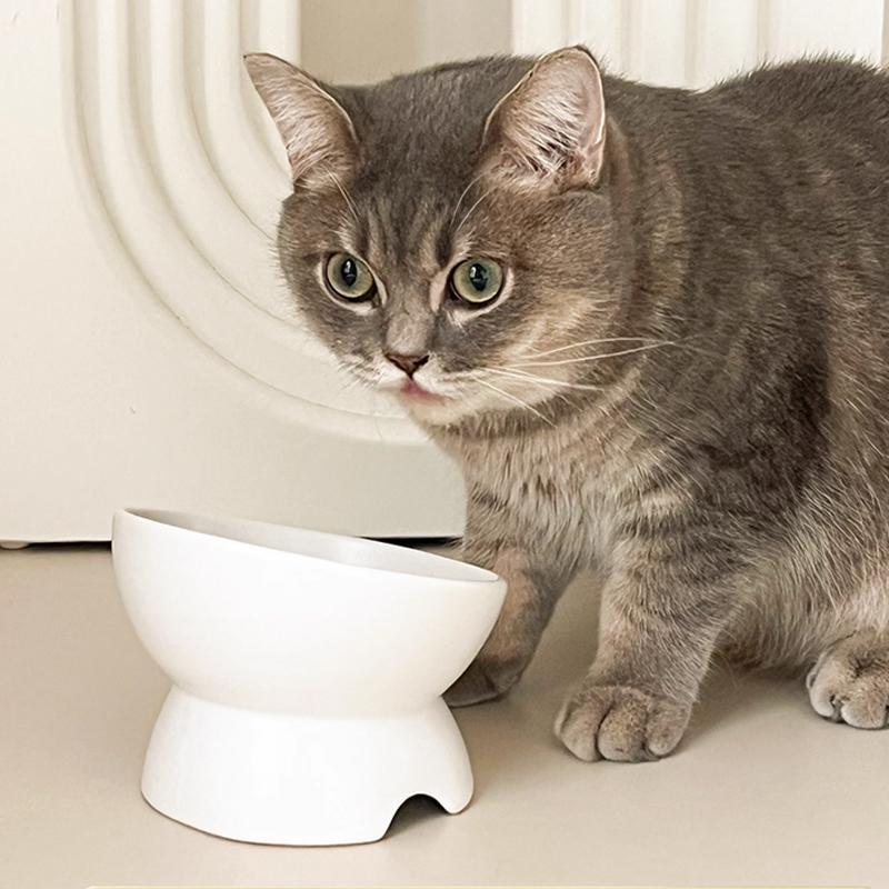Creative Ceramic Tall Footed Drinking Water Food Bowls, Anti Overturning Neck Protection, Slanted Mouth, Cat Bowl, Supplies, 1Pc