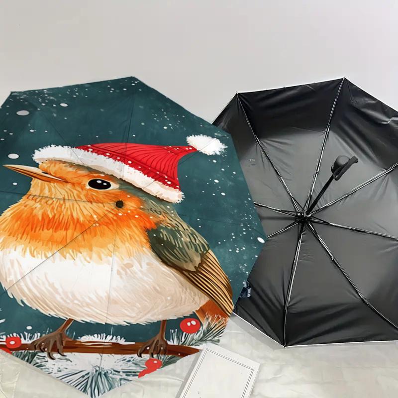 Christmas Robin with Santa Hat - Automatic Opening Umbrella, Portable 3-Fold Design, 8-Bone Iron Frame Outdoor Umbrella, Festive Gift for Fa