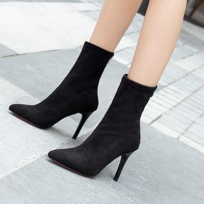 HOT Mid-kuit Laarzen Elastische Laarzen Puntige Neus Dunne Hakken voor Vrouwen Mujer Zwart Enkellaarsje Stretch Stof Winter Hoge Hak Laarzen Rome