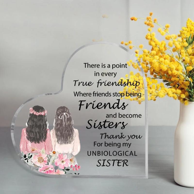 2D Flat Acrylic Heart Sister Gift Desktop Decoration Plaque, Home Decor Plaque Hanging Wall Art Decorative Garden Decoration for Room Door Signs Hangi