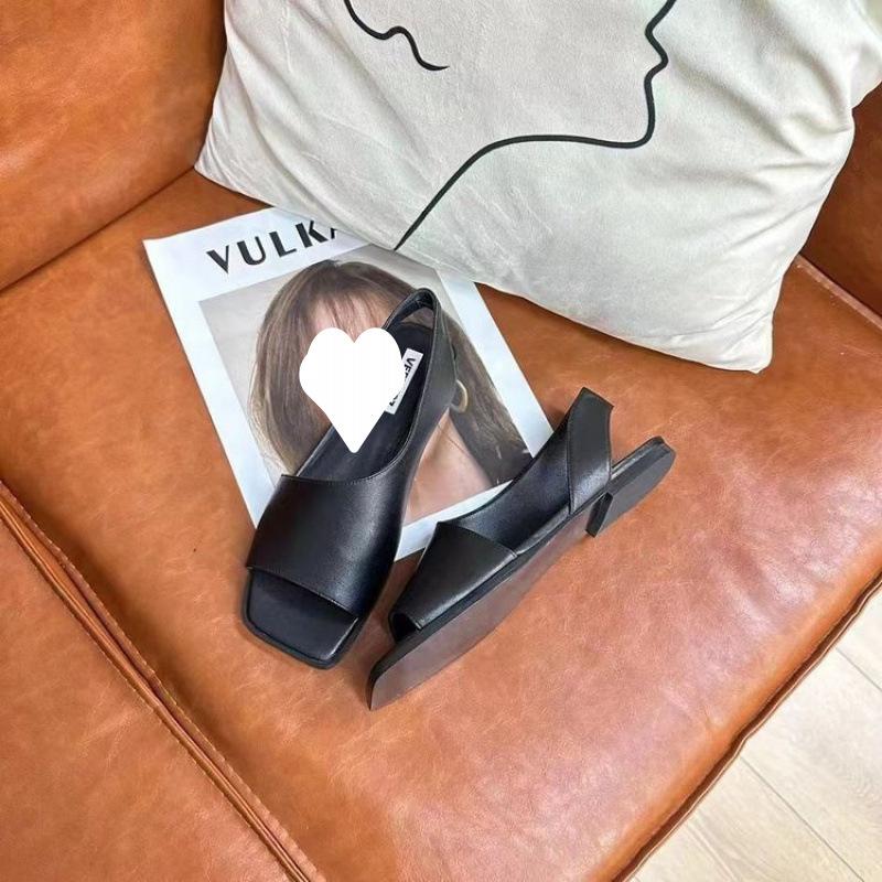 2025 summer new square head simple sandals open toe empty flat bottom commuter shoes fashion shoes women's shoes hollow black sandals
