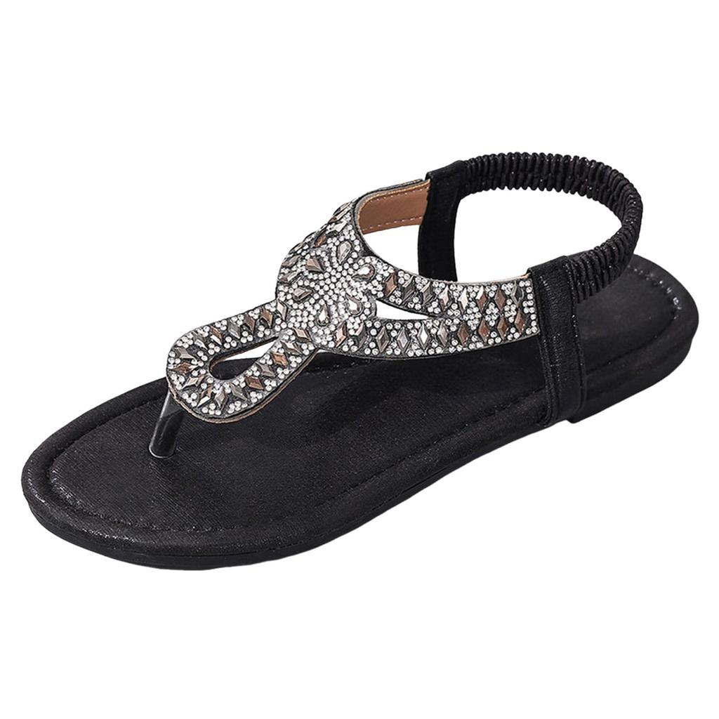 Damen Böhmische Zehenring-Sandalen mit flachem Absatz, Strassbesetzt, Elastischer Fersenriemen, Lässige Strandschuhe für den Außenbereich