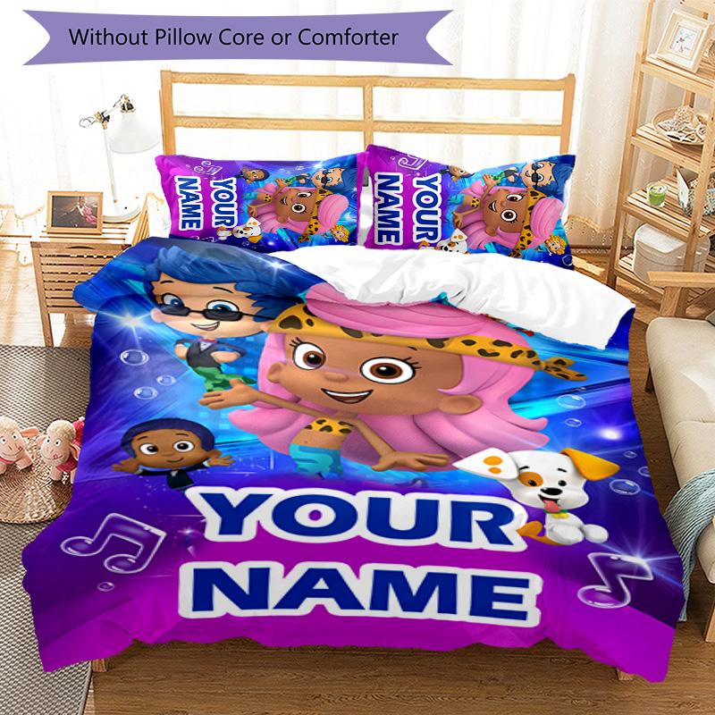 3pcs Bubble Guppies Cover Set - Personalized Name, HD Printed Bedding with 1 Cover and 2 Pillowcases - Perfect for Home Decor, Easy Care