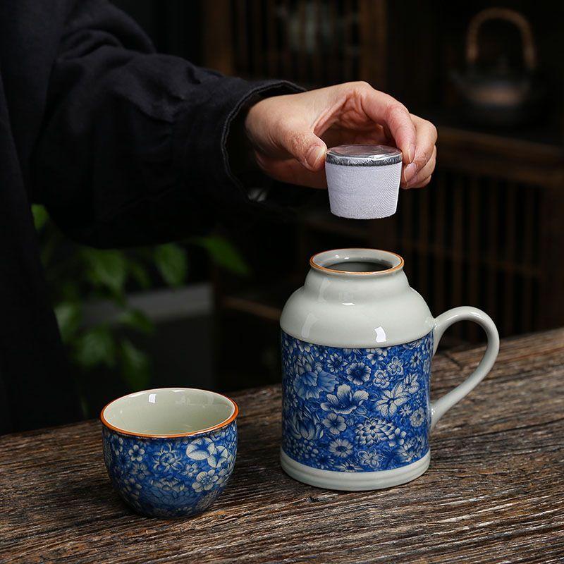 Ancient Pottery Clay Small Warm Pot Home with Cover Teapot Teacup Large Capacity Blue and White Ceramic Stewed Teacup Lovers Cup