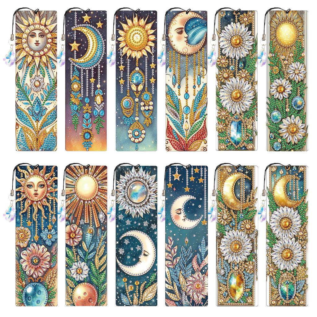 12Pcs DIY Diamond Painting Bookmark with Crystal Pendant Water Diamond Art Bookmark Gift for Book Lovers Mosaic Art Supplies