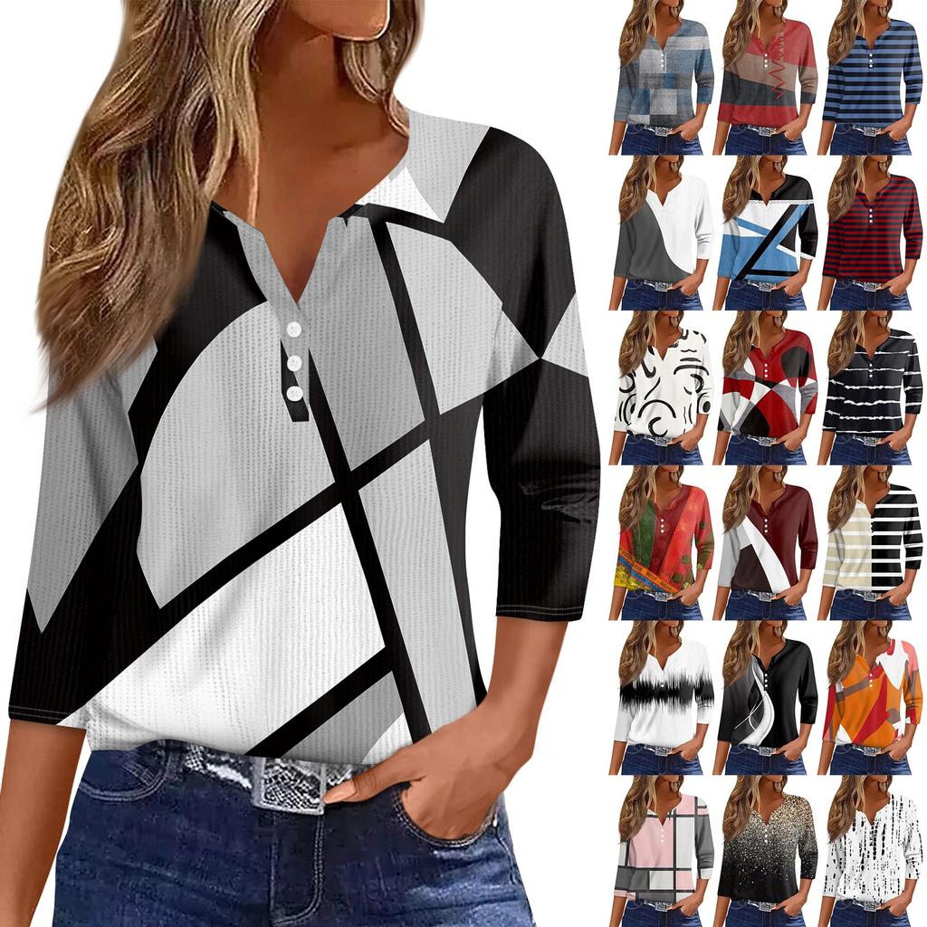 Damska koszulka z nadrukiem, guzikami, rękawami 3/4, dzianinowym swetrem, codziennym, weekendowym, modowym, podstawowym, z dekoltem w serek, regularnym topem