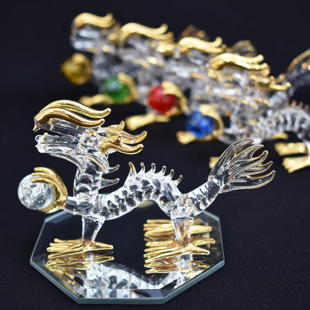 Fourcart Handmade Glass Feng Shui Purification Dragon with Ball, 4-inch x 3-Piece Set