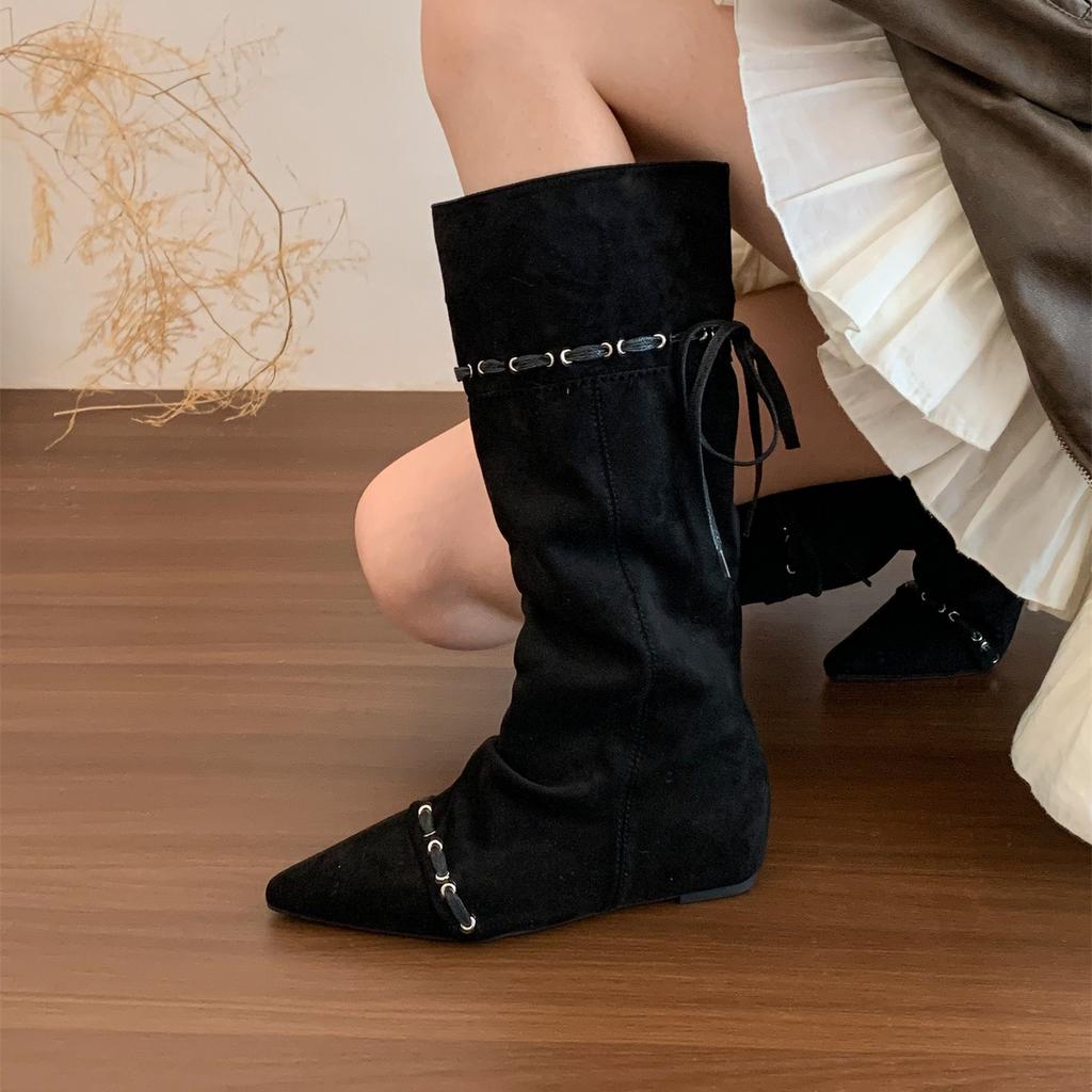 Wasteland Spice Girls Inner Height Increase Western Cowboy Boots Women's Autumn and Winter Pile Boots Lace-up Skinny But Knee Boots Women