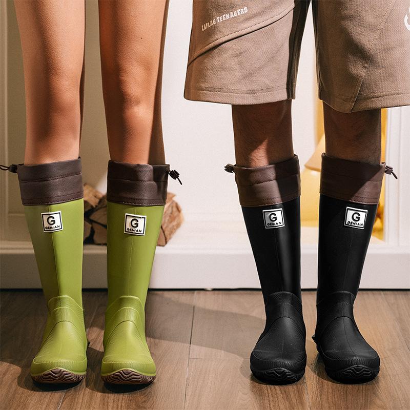 Fashion Travel Parent-child Rain Shoes Bundle Black Tall Flat-soled Waterproof Shoes Splash Non-filling Wind Vertical Pattern Travel Water Boots
